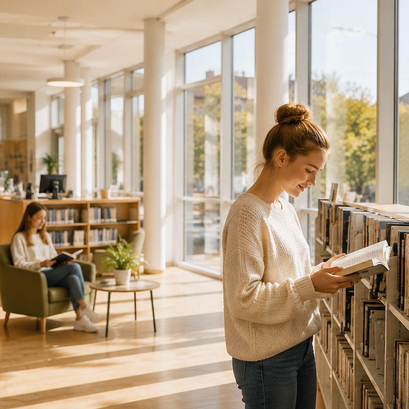 In einem hellen, modernen Lesesaal einer Bibliothek lesen mehrere Personen, während Sonnenlicht durch große Fenster fällt.